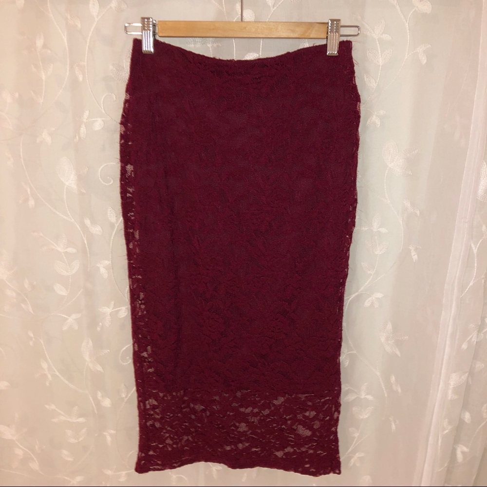 F21 Burgundy Midi Skirt with Lace Overlay